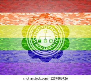 flowchart icon inside emblem on mosaic background with the colors of the LGBT flag