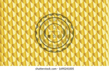 icono del diagrama de flujo dentro de la placa dorada o emblema. Patrón de escalas. Ilustración vectorial. Detallado.
