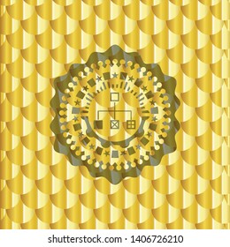 flowchart icon inside gold emblem or badge. Scales pattern. Vector Illustration. Detailed.