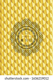 flowchart icon inside gold emblem or badge. Scales pattern. Vector Illustration. Detailed.