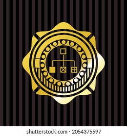 flowchart icon inside gold emblem or badge. 