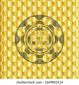 flowchart icon inside gold shiny emblem. Scales pattern. Vector Illustration. Detailed.