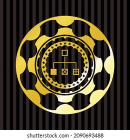 flowchart icon inside gold shiny badge. 