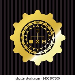 flowchart icon inside golden badge or emblem