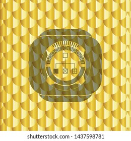 flowchart icon inside golden badge or emblem. Scales pattern. Vector Illustration. Detailed.