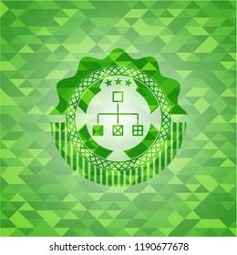 flowchart icon inside green emblem with mosaic background