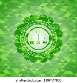 flowchart icon inside green emblem with mosaic background