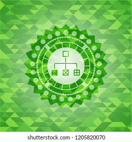 flowchart icon inside green emblem with mosaic ecological style background