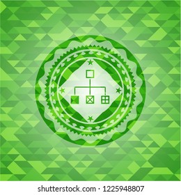flowchart icon inside green emblem with mosaic ecological style background