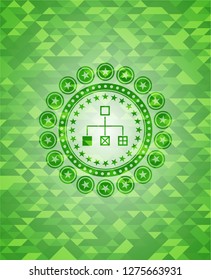 flowchart icon inside green mosaic emblem