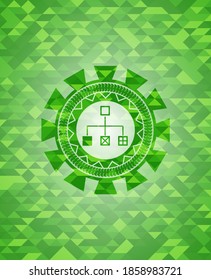 icono del diagrama de flujo dentro del emblema del mosaico verde. 