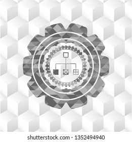 flowchart icon inside grey badge with geometric cube white background
