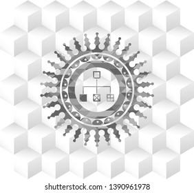 flowchart icon inside grey badge with geometric cube white background
