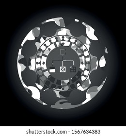 flowchart icon inside grey camo emblem