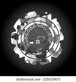 flowchart icon inside grey camo emblem. 