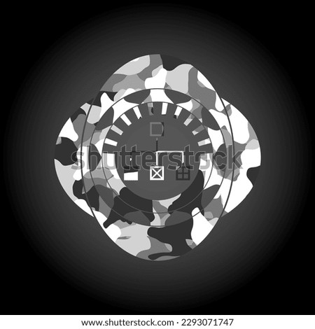 flowchart icon inside grey camouflaged emblem. 