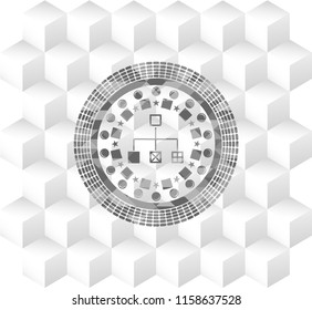 flowchart icon inside grey emblem with geometric cube white background