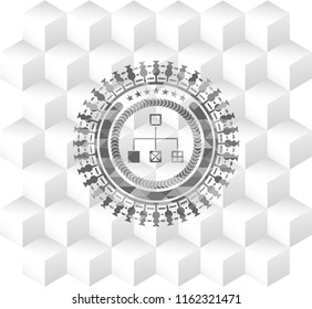 flowchart icon inside grey emblem with geometric cube white background