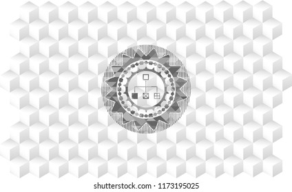 flowchart icon inside grey emblem. Vintage with geometric cube white background