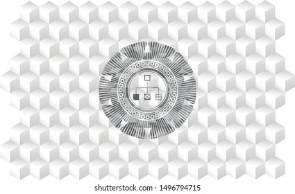 flowchart icon inside grey emblem with cube white background