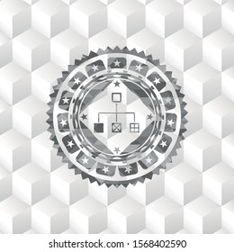 flowchart icon inside grey emblem. Vintage with geometric cube white background