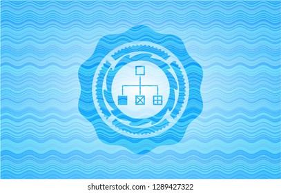 flowchart icon inside light blue water emblem background.
