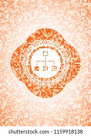 flowchart icon inside orange mosaic emblem with background