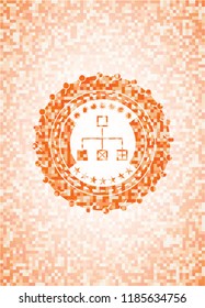 flowchart icon inside orange tile background illustration. Square geometric mosaic seamless pattern with emblem inside.
