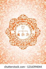 flowchart icon inside orange tile background illustration. Square geometric mosaic seamless pattern with emblem inside.