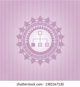 flowchart icon inside pink emblem