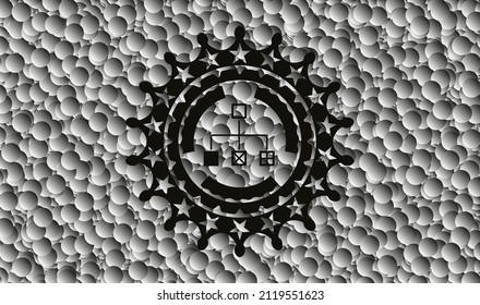 icono del diagrama de flujo dentro de un emblema oscuro realista con fondo de burbujas grises. Ilustración vectorial. Detallado. 