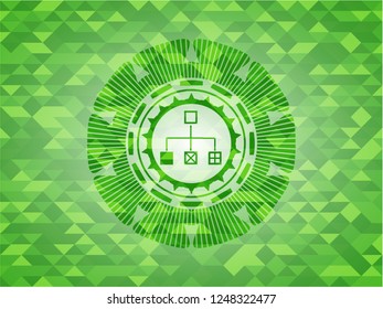flowchart icon inside realistic green emblem. Mosaic background