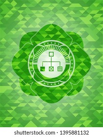 flowchart icon inside realistic green mosaic emblem