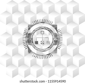 flowchart icon inside realistic grey emblem with cube white background