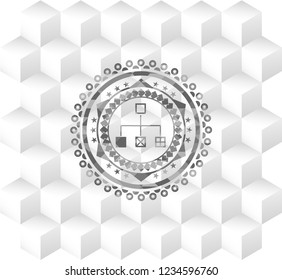 flowchart icon inside realistic grey emblem with geometric cube white background