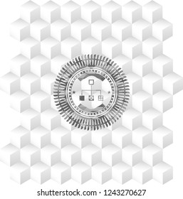 flowchart icon inside realistic grey emblem with geometric cube white background