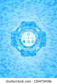 flowchart icon inside realistic sky blue emblem. Mosaic background