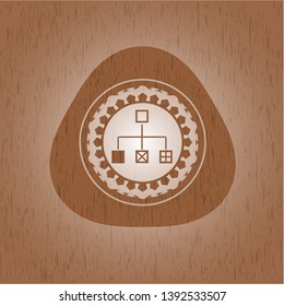 flowchart icon inside realistic wooden emblem