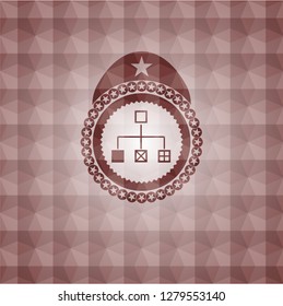 flowchart icon inside red emblem with geometric pattern. Seamless.