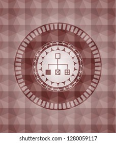 flowchart icon inside red emblem or badge with abstract geometric polygonal pattern background. Seamless.