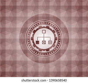 flowchart icon inside red emblem with geometric background. Seamless.