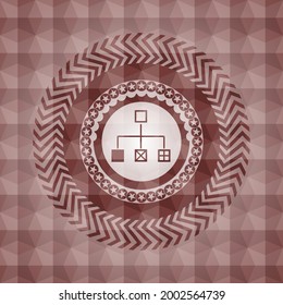icono del diagrama de flujo dentro del emblema geométrico rojo. Sin inconveniente. 