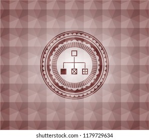 flowchart icon inside red seamless geometric emblem.