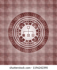 flowchart icon inside red seamless badge with geometric background.
