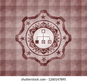flowchart icon inside red seamless badge with geometric background.