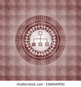flowchart icon inside red seamless emblem or badge with abstract geometric pattern background.