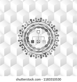 flowchart icon inside retro style grey emblem with geometric cube white background
