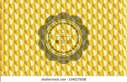 flowchart icon inside shiny golden emblem. Scales pattern. Vector Illustration. Detailed.