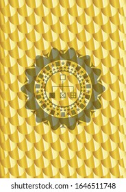 flowchart icon inside shiny golden emblem. Scales pattern. Vector Illustration. Detailed.