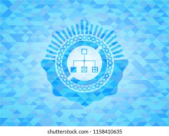 flowchart icon inside sky blue emblem with mosaic background